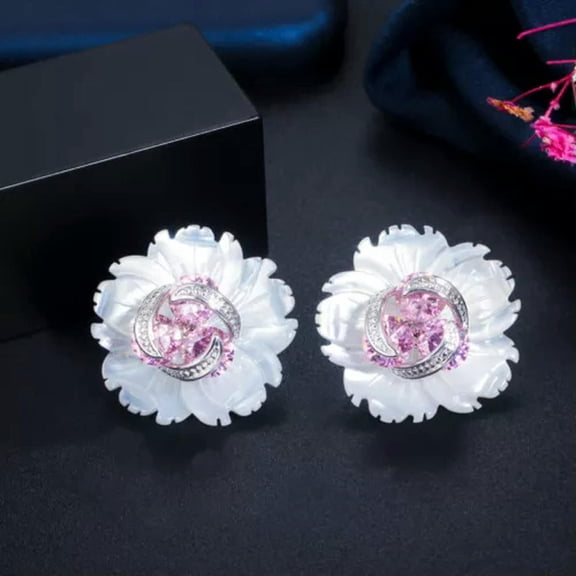 2 in 1 Natural Shell Flower Multicolor CZ Yellow Stud Earrings Fashion Jewelry