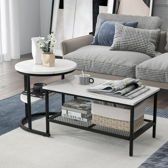2 in 1 Nesting Coffee Table Modern Faux Marble Top Detachable Open Storage Shelf ,Home ,Office ,Black & White