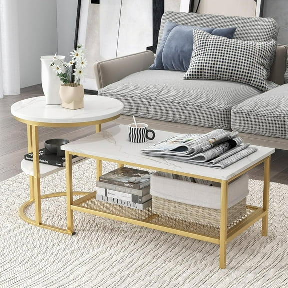 2 in 1 Nesting Coffee Table Modern Faux Marble Top Detachable Open Storage Shelf ,Home ,Office ,Gold & White