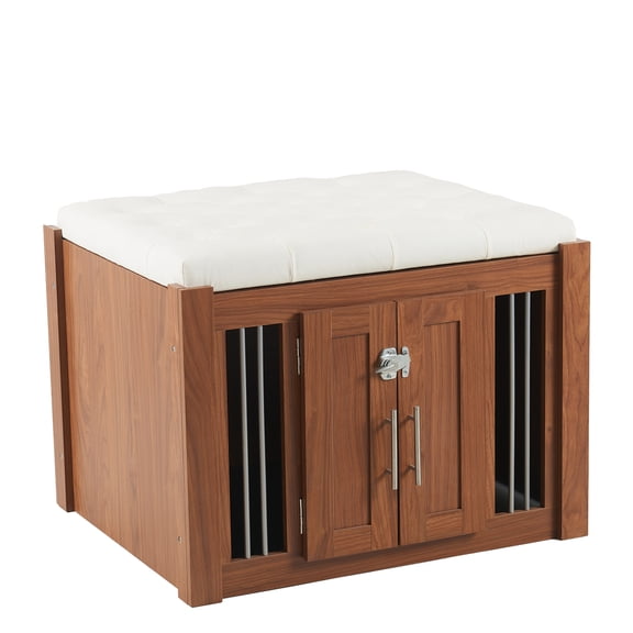 2-in-1 Night Stand & Dog Crate , Wooden Side Table with Removable Cushion, Walnut Pet Kennel Furniture for Bedroom