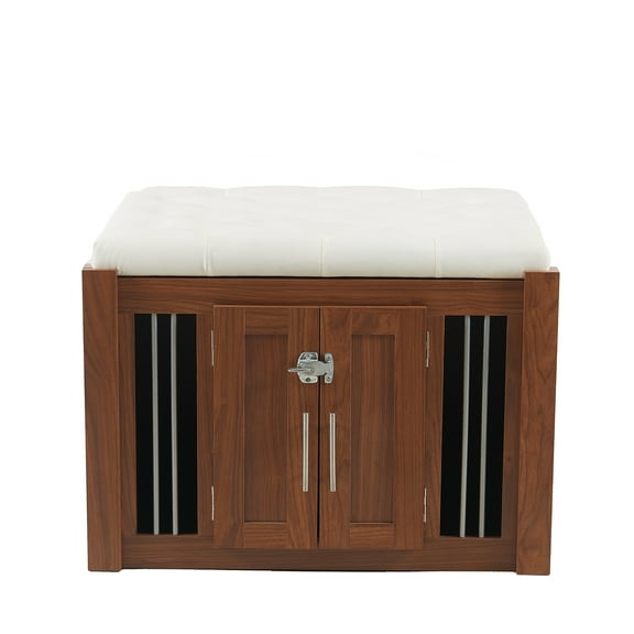 2-in-1 Night Stand & Dog Crate with Storage, Walnut Ottoman Bench