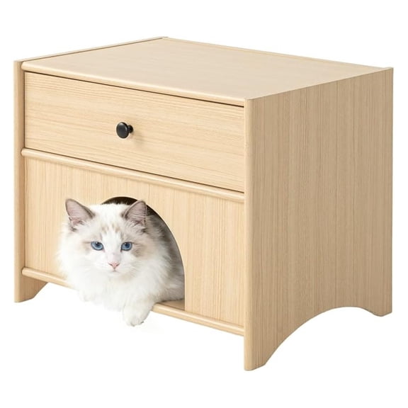 2-in-1 Nightstand with Drawer Wooden Cat Bed End Table, Modern Cat Bedside Table Hideaway Small Side Table for Living Room Bedroom