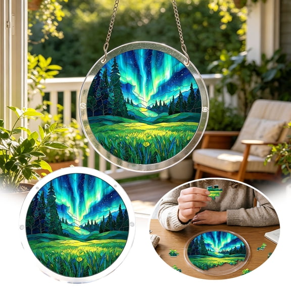 2-in-1 Northern Lights Acrylic Puzzle, Window Suncatcher, Light-Projection, DIY Craft, Decorative Hanging Ornament, For Home & Garden 6 Inch, 4 Styles
