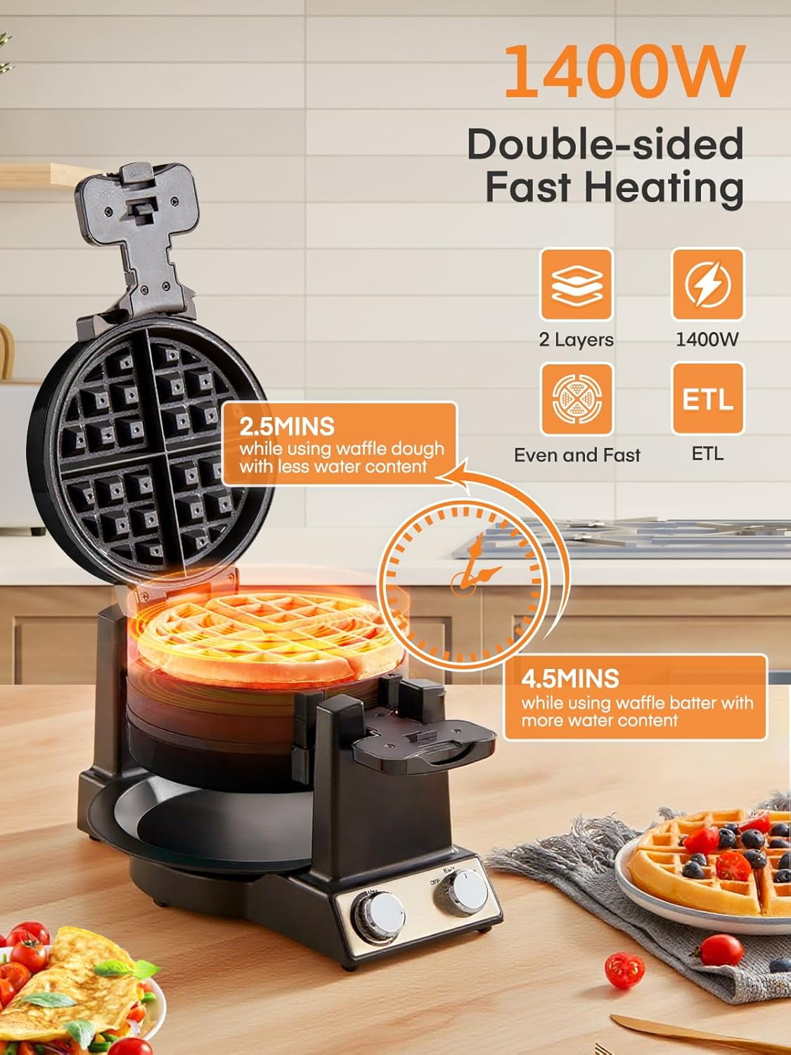 2-in-1 Omelette Maker & Waffle Maker, 1400W Flip Breakfast  with Nonstick Pans for Home Cooking