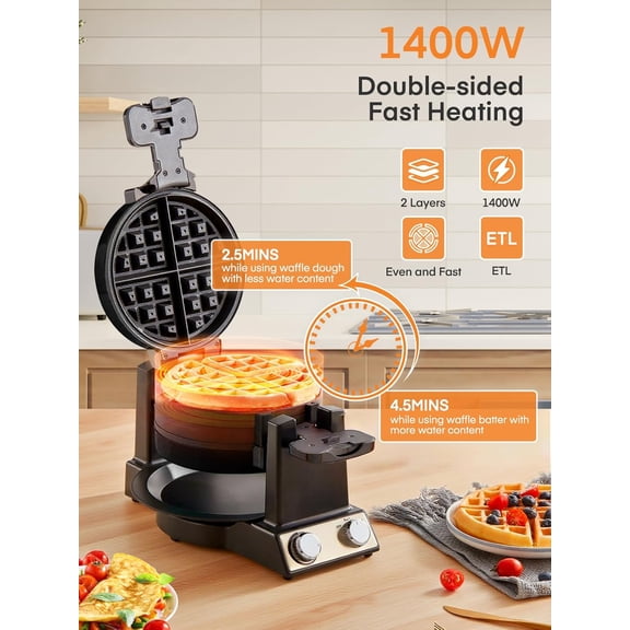 2-in-1 Omelette Maker & Waffle Maker, 1400W Flip Breakfast  with Nonstick Pans for Home Cooking