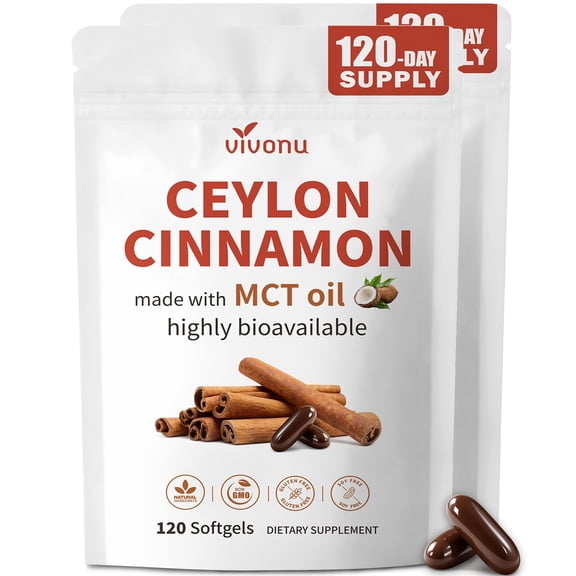 2-in-1 Organic Ceylon Cinnamon with MCT Oil Supplements Softgels, 2 Bag | Authentic Sri Lankan Source, Liposome Highly Bioavailable Extract, Energy & Metabolism Support, Large Granule Softgels