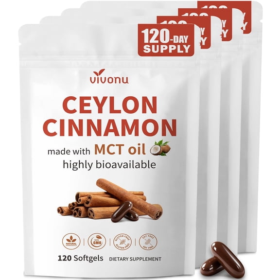 2-in-1 Organic Ceylon Cinnamon with MCT Oil Supplements Softgels, 4 Bag | Authentic Sri Lankan Source, Liposome Highly Bioavailable Extract, Energy & Metabolism Support, Large Granule Softgels