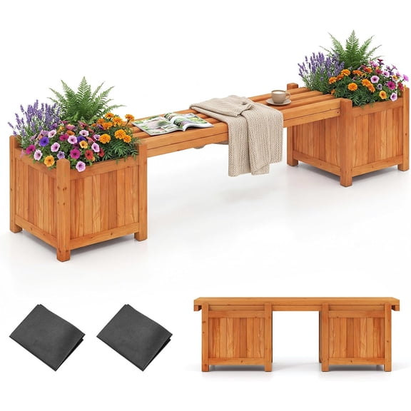 2-in-1 Outdoor Bench with 2 Raised Garden Beds, 2 Person Patio Bench with Teak Oil Finish, Open-Ended Base, Wooden Garden Bench for Flowerpots, Indoor Patio Yard Porch Decoration (1)