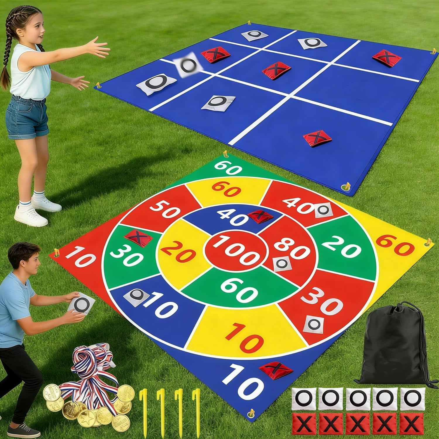 2-in-1 Outdoor Giant Tic Tac Toe Bean Bag Toss Games for Kids Adults,4.5Ft Large Outside Picnic Lawn Backyard Games for Kids Family Birthday Party Beach Carnival Outdoor Fun Giant Yard Field Day