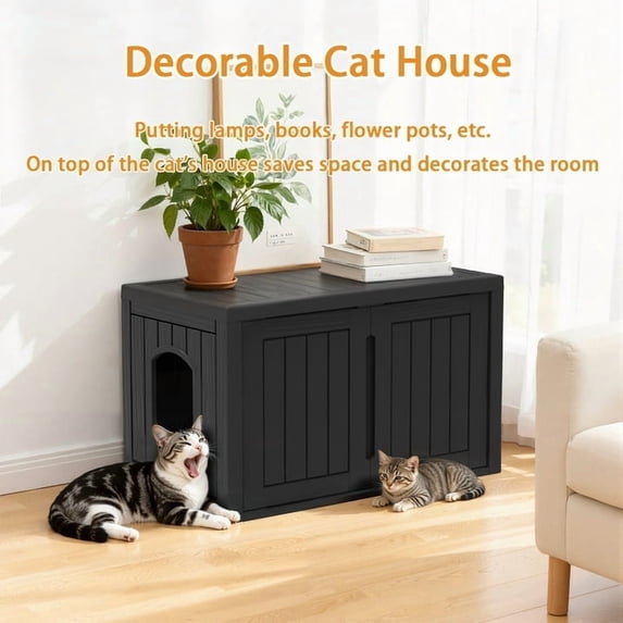 2-in-1 Outdoor/Indoor Multi-Functional Hidden Enclosed Litter Box Furniture,Weatherproof Litter Box Enclosure with Adjustable Partition & Cat Door, Side Table, Easy to Clean & Assemble, Black