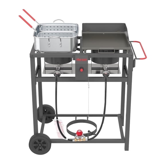 2-in-1 Outdoor Propane Deep Fryer & Griddle Combo, Double Burner Gas Cooking Station with Wheels, Portable Fish Fryer for BBQ, Camping, Tailgating & Backyard Cooking