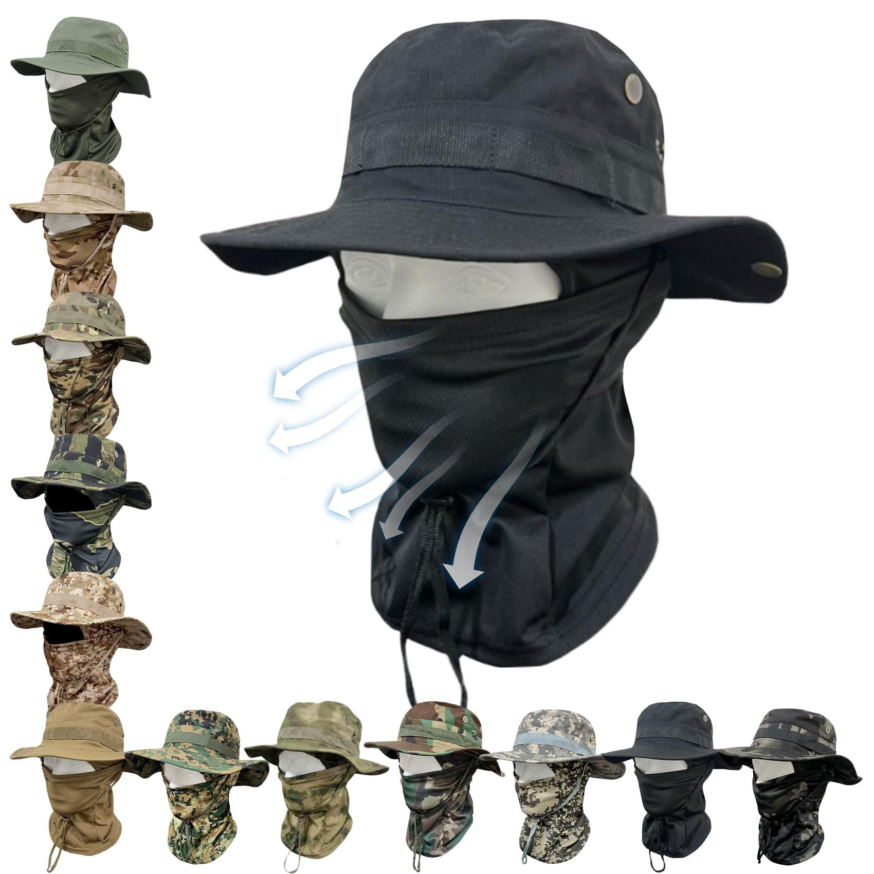 2 in 1 Outdoor Sports Boonie Hat, Camo Sun Hat with Face & Neck Flap ...