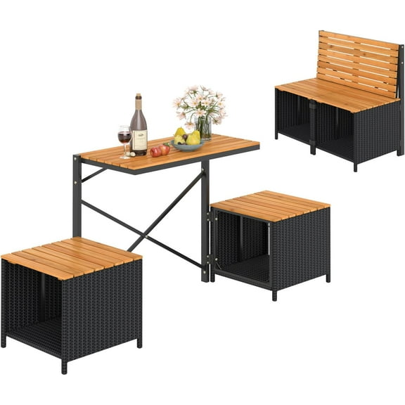 2-in-1 Outdoor Storage Bench Convertible Picnic Table and Chairs Set with Metal Frame, Acacia Wood Rattan Patio Loveseat for Garden, Backyard, Porch, Deck