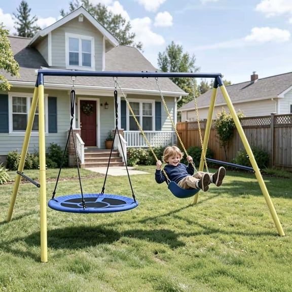 2 in 1 Outdoor Swing Set With Hammock Swing, Belt Swing for Backyard