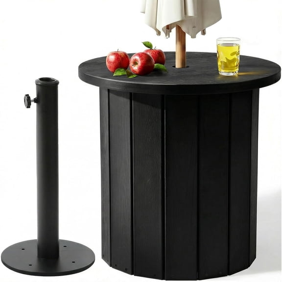 2-in-1 Outdoor Umbrella Side Table - 5cm Extended Desktop for Extra Storage, 1.5-1.9 Inch Umbrella Hole, Fillable 5 Gallon Water Bag Base, All-Weather HDPE for Poolside/Yard/Deck, Black