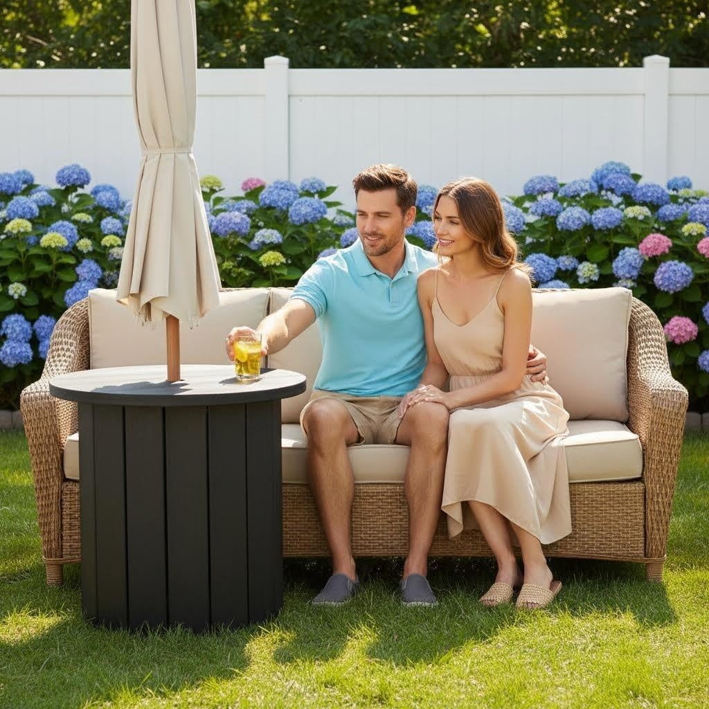 2-in-1 Outdoor Umbrella Side Table for Poolside/Yard/Deck,5cm Extended Desktop, 1.5-1.9 Inch Umbrella Hole, Fillable 5 Gallon Water Bag Base, Black