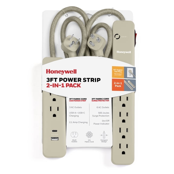 2-in-1 Pack Power Strips with Taupe Finish - 9 Outlets & USB Ports