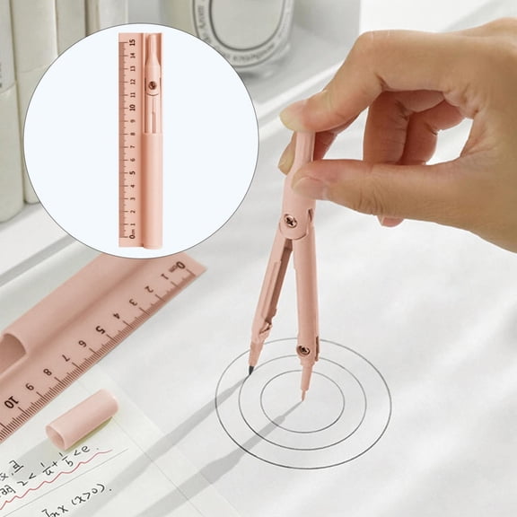 2-in-1 Pastel Math Compass Ruler Set,Integrated 15cm Measuring Scale Replaceable Refill Metal Geometry Circle Drawing Tool for Back To School Drafting Supplies,6.49"×1.37",1PC,Pink