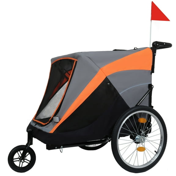 2-in-1 Pet Bike Trailer with Dual Cup Pockets and Underneath Storage Bag, Pet Stroller Bicycle Carrier with All-Terrain Wheels and Internal Leash, Push Cart for Pets, 88Lbs Weight Capacity, Orange