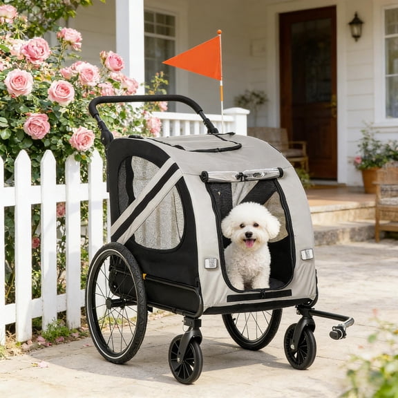 2-in-1 Pet Bike Trailer for Small Dogs, Road-Visibility Bicycle Stroller, Weather-Strong Bike Wagon Trailer Sidecar Attachment,Grey