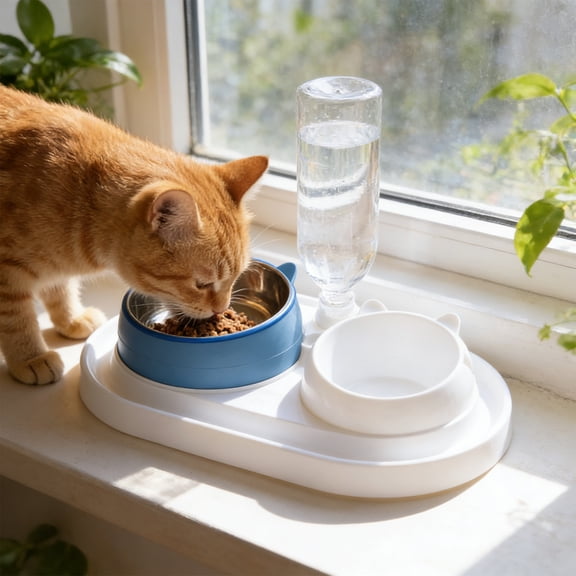 2-in-1 Pet Bowl with Neck Support Design, 15.75 x 9.06 x 3.94 Inches Food & Water Combo Bowl for Cats Dogs, 15° Tilted Bowl & Non-Slip Base for Comfortable Feeding & Drinking