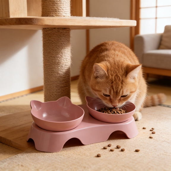 2 in 1 Pet Bowl for Cats Dogs Food and Water, 15° Angled Neck Protection with Weighted Anti Slip Base, Removable Easy Clean for Flat Faced Pets