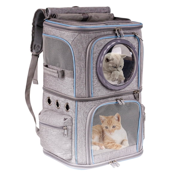 2-in-1 Pet Carrier Backpack for Two Cats or One Dog, Double-Layer 2 Compartment Carry Bag to Transport Small Animals Traveling and Hiking, Space Capsule Clear Bubble Dome