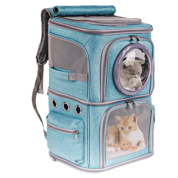 2-in-1 Pet Carrier Backpack for Two Cats or One Dog, Green Double-Layer 2 Compartment Carry Bag to Transport Small Animals Traveling and Hiking, Space Capsule Clear Bubble Dome
