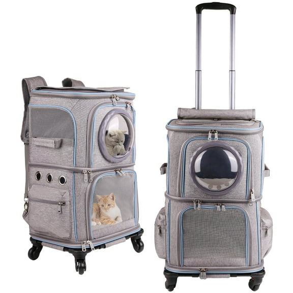 2-in-1 Pet Carrier Backpack for Two Cats or One Dog with Puller & Roller, Double-Layer 2 Compartment Carry Bag to Transport Small Animals Traveling and Hiking, Space Capsule Clear Bubble Dome