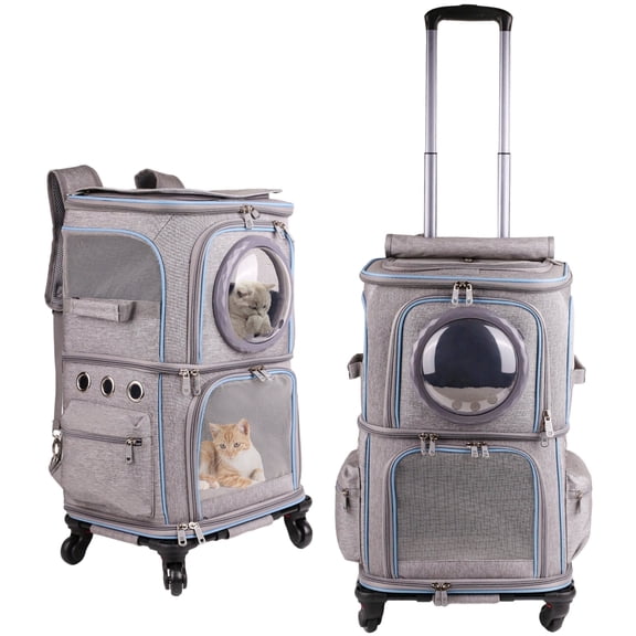 2-in-1 Pet Carrier Backpack for Two Cats or One Dog with Puller & Roller, Double-Layer 2 Compartment Carry Bag to Transport Small Animals Traveling and Hiking, Space Capsule Clear Bubble Dome