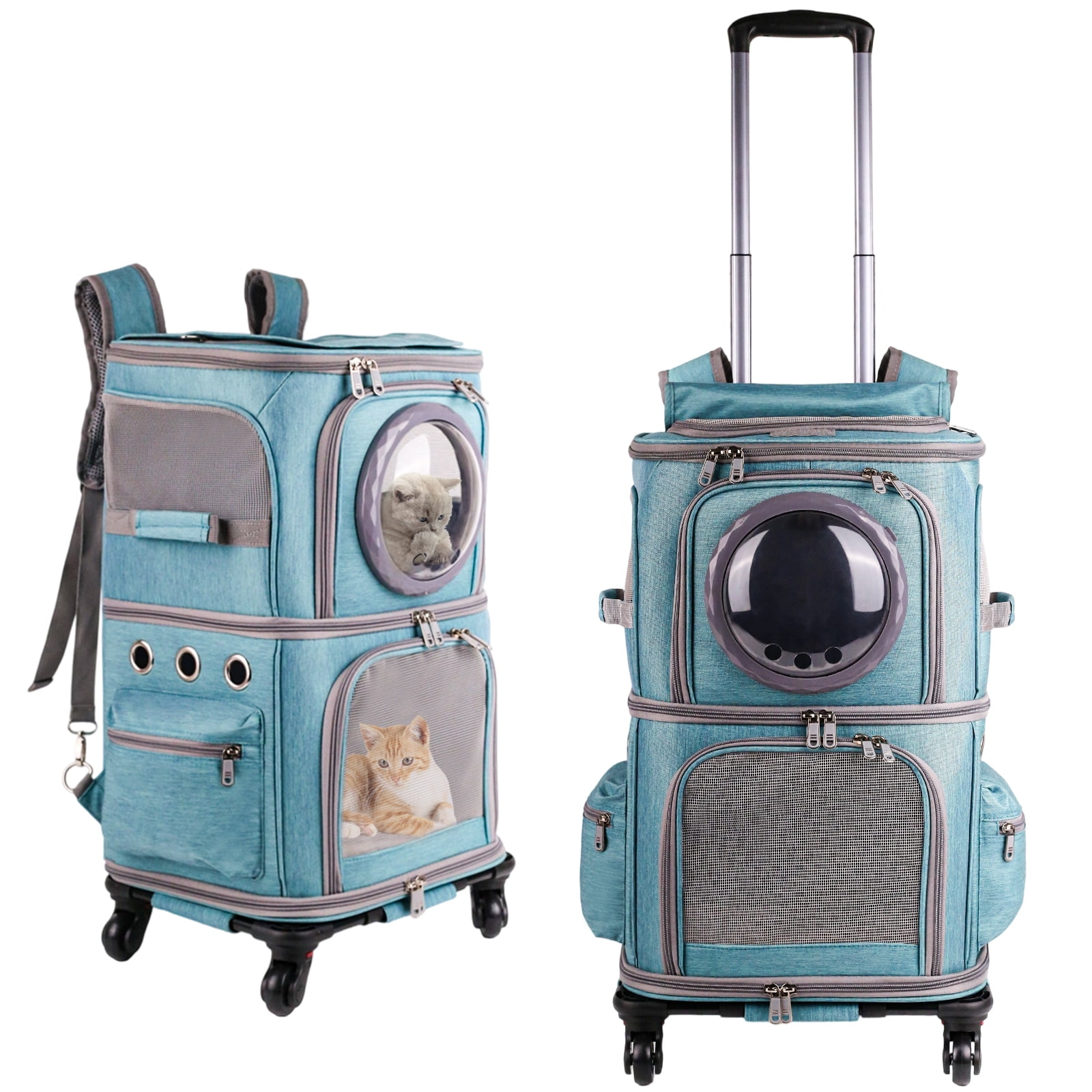 2-in-1 Pet Carrier Backpack for Two Cats or One Dog with Puller & Roller, Green Double-Layer 2 Compartment Carry Bag to Transport Small Animals Traveling and Hiking, Space Capsule Clear Bubble Dome
