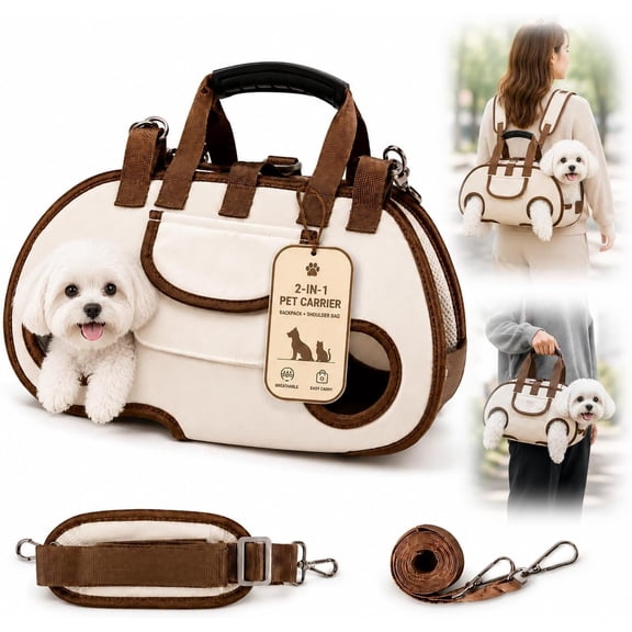 2-in-1 Pet Carrier Bag for Dogs and Cats (Beige-Shoulder Bag, Small) | Breathable Oxford Mesh, Adjustable Shoulder Strap, Wide Opening Design, Ergonomic Horizontal Carry, Travel Sling