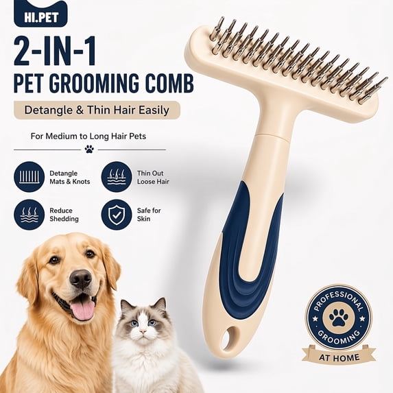 2-in-1 Pet Deshedding&Undercoat Rake Comb for Dogs and Cats | Double-Row Movable Metal Comb Teeth,Stainless Steel Deshedding Dog Brush,Pet Grooming Dematting Tool,Gentle Remove Loose Hair