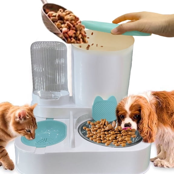 2-in-1 Pet Feeding Set: Automatic Food Bowl & Hanging Water Dispenser, Stainless Steel Bowls Ideal for Small Dogs, Puppies & Cats, Blue
