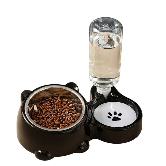 2-in-1 Pet Food and Water Bowl, Plastic Dual Portions Feeding Station for Small Dogs and Indoor Cats, Black