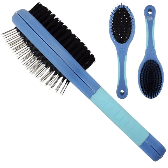 2-in-1 Pet Grooming Brush for Dogs and Cats, Dual-function Deshedding & Detangling Design with dense nylon bristles. Effortlessly strips loose undercoat hair, smooths messy fur and untangles stubborn