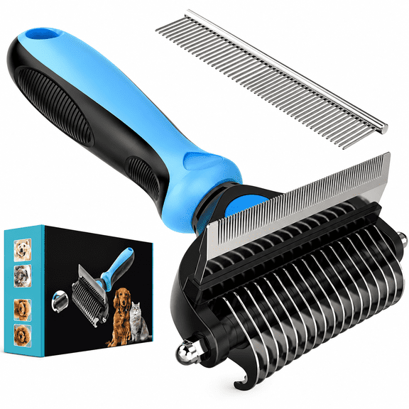 2-in-1 Pet Grooming Rake for Cats & Dogs – Dematting Comb for Mats & Tangles, Reduces Shedding & Flying Hair – Safe Pet Brush, Blue