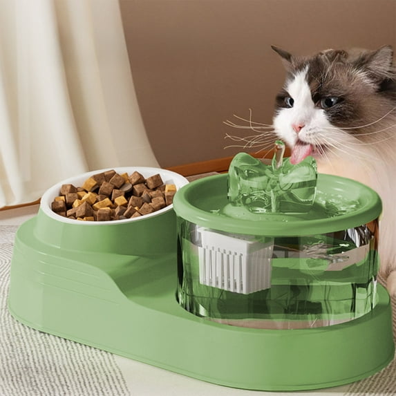 2-in-1 Pet Water Fountain and Food Bowl, Automatic Circulating Drinker with Non-Slip Base, Split Design for Clean Eating and Drinking for Cats(Green)