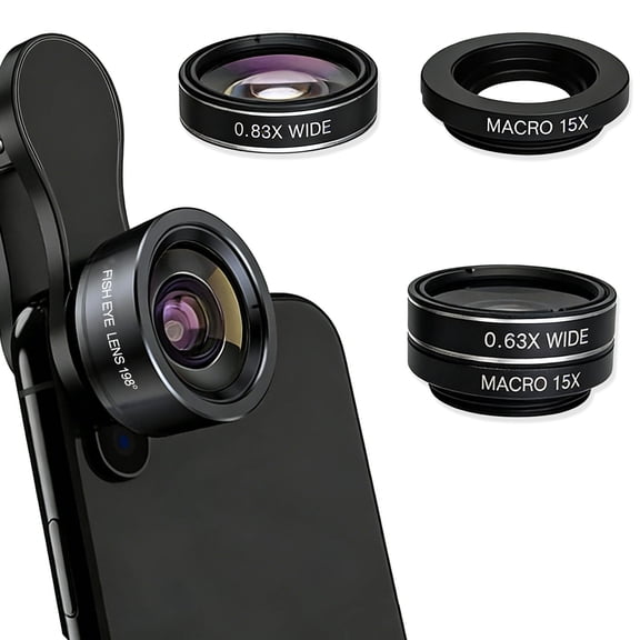2-in-1 Phone Camera Lens Kit, 198° Fisheye, 0.63X Wide Angle & Macro, 2X Telephoto, CPL, Starburst, Kaleidoscope Filters, Professional Lens Set for iPhone, Samsung & Most Smartphones