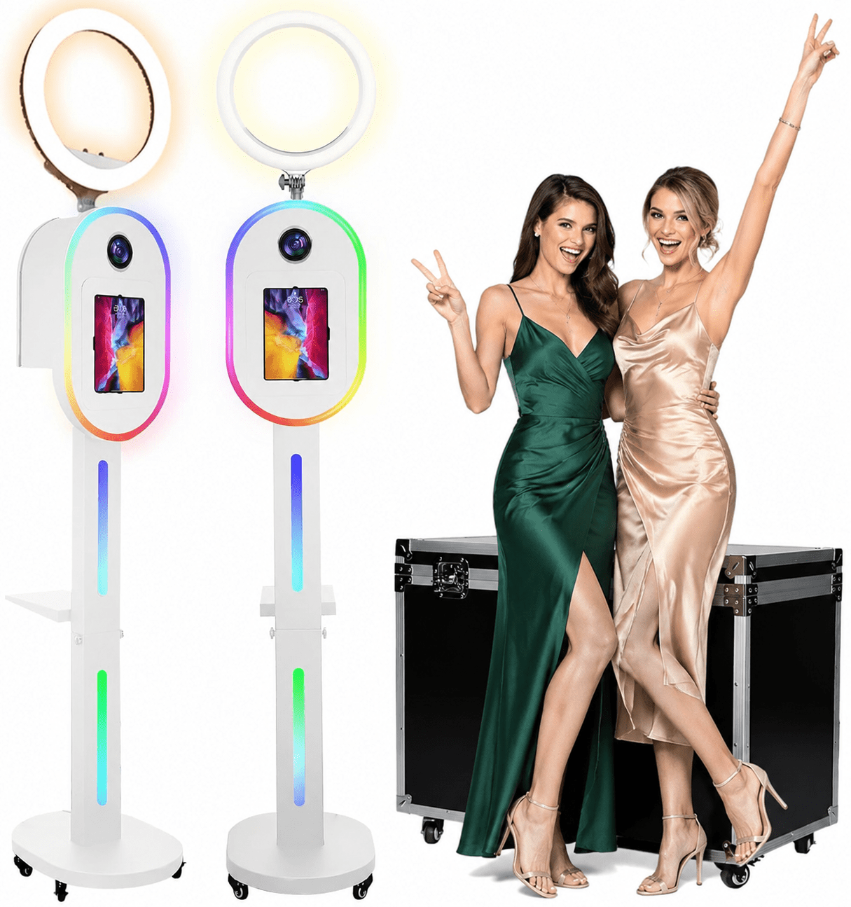 2-in-1 Photo Booth for iPad 10.2" 10.9" 11" 12.9" and DSLR Camera, RGB Ring Light Selfie Station with Music Sync, Custom Logo Light Box and Flight Case for Event Rental Business