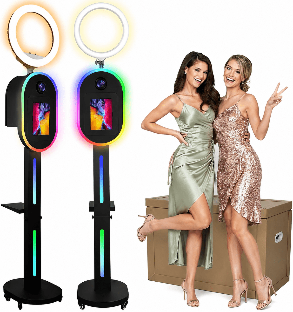 2-in-1 Photo Booth for iPad & DSLR Camera, Selfie Station Shell Stand with RGB Ring Light, Custom Logo Light Box and Honeycomb Box for Wedding Party Event Rental