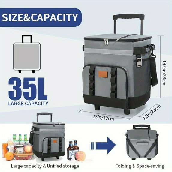 2-in-1 Picnic Cooler Bag - 9/25 Gallon Leakproof Insulated Tote w/Wheels & Handles - Foldable for Beach, Camping, Travel - Dark Gray