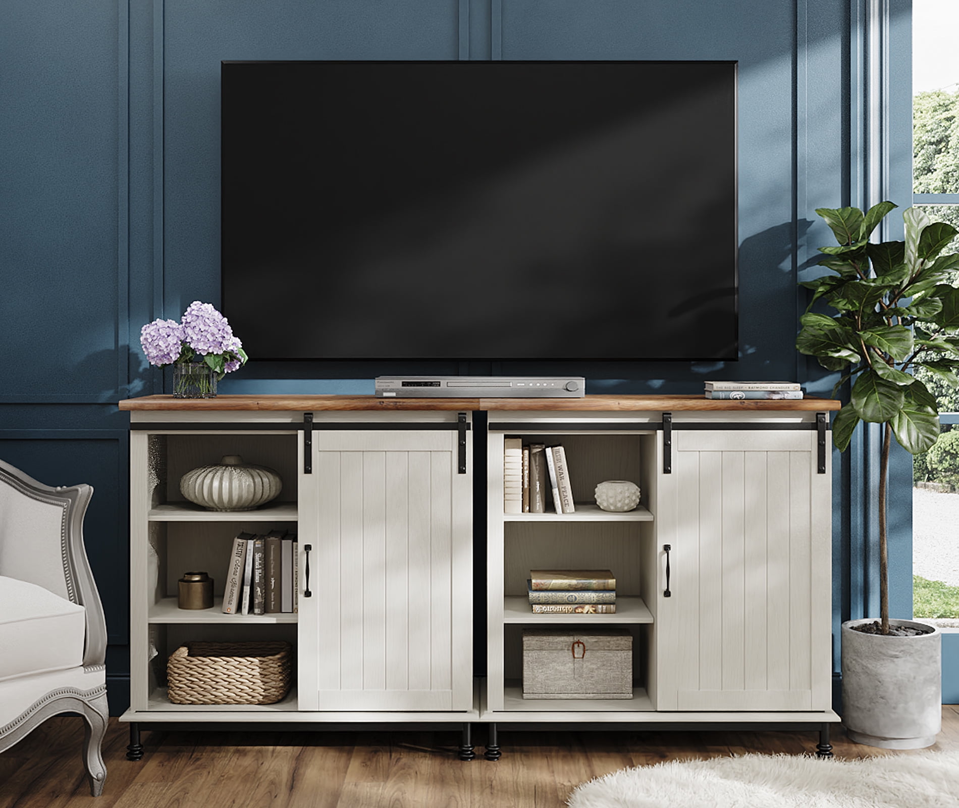 2-in-1 Piece Farmhouse Sliding Barn Door Accent Cabinet Kitchen Storage Shelf, Rustic White