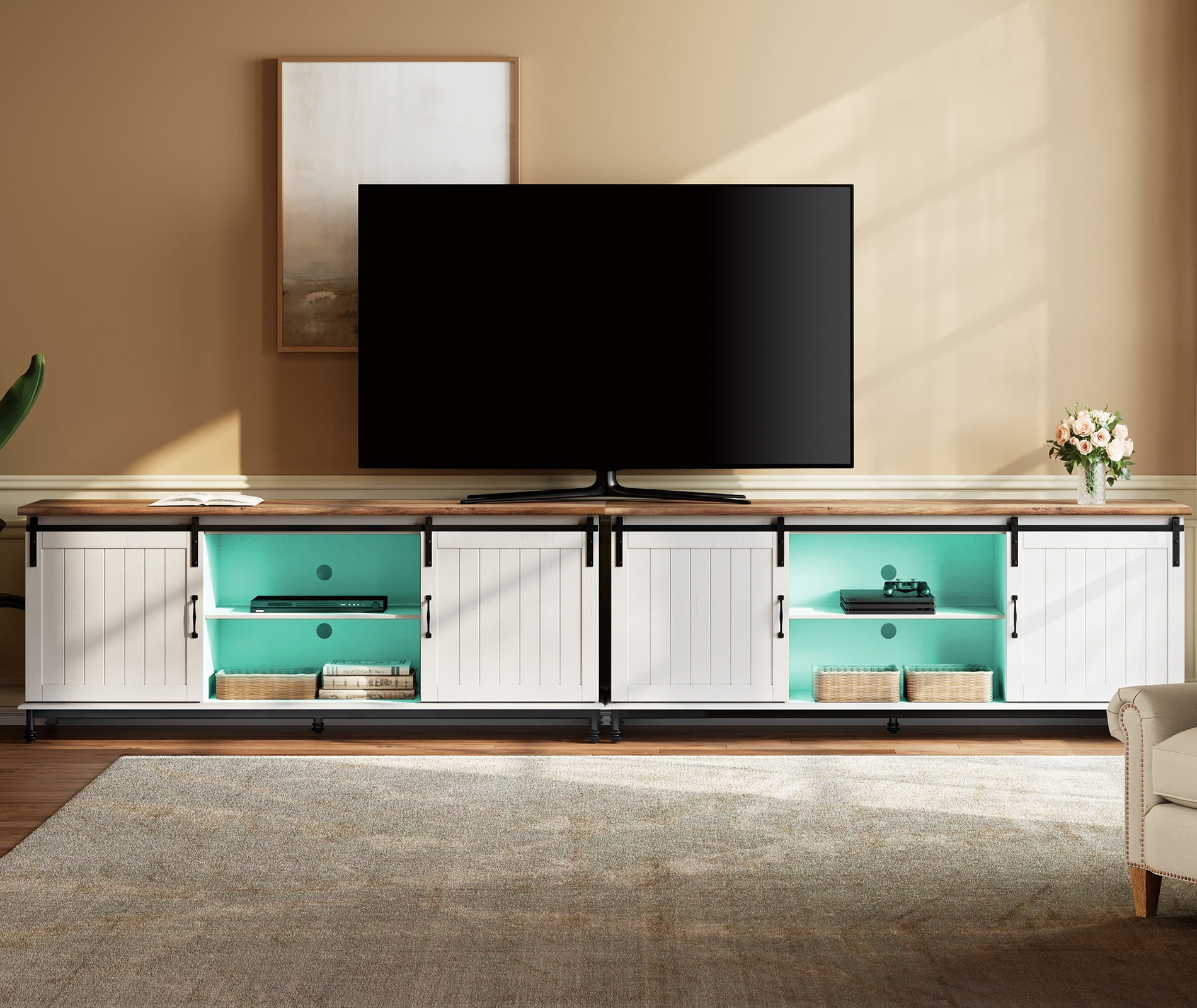 2-in-1 Piece Inches TV Stand with 16 Colorful Led Lights, Wood Entertainment Center for livingroom, Console Table Storage Cabinet with Sliding Barn Door for 80 90 100 110 Inch TV