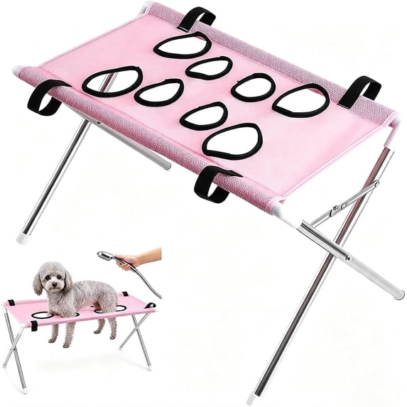 2-in-1 Pink Foldable Pet Grooming Table & Hanging Hammock, Breathable Mesh Dog Shower Sling Bathing Stand with 8 Leg Holes for Cat Small Dog Nail Trimming & Washing