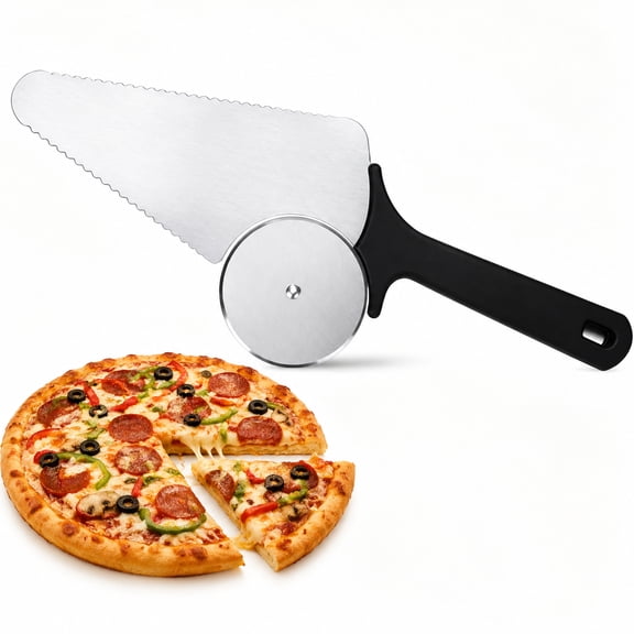 Premium 2-in-1 Wheel Type Pizza Cutter & Server, Stainless Steel Slicer with Serving Spatula for Pies, Cakes and Pastries