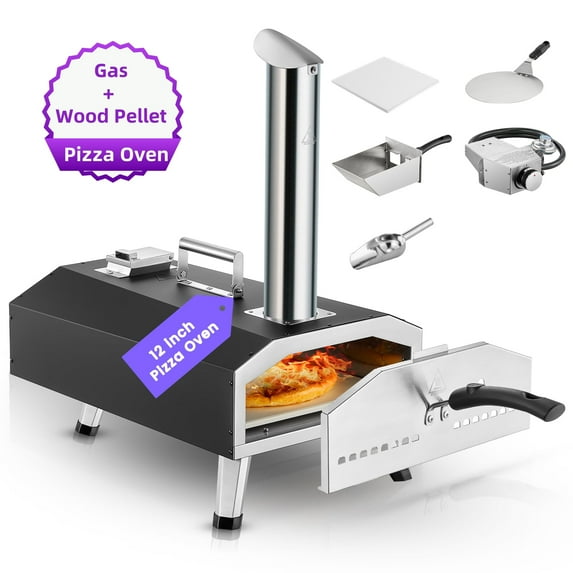 2 in 1 Pizza Oven, 12" Portable Wood Pellet and Gas Pizza Oven, Heats up to 1000°F, Black