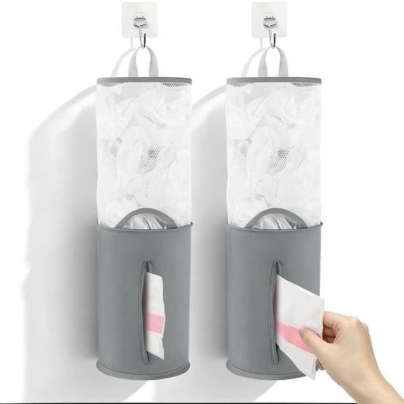2-in-1 Plastic Bag Holder Dispenser, Wall Mount Mesh Grocery Bag Storage & Trash Bag Roll Organizer, Durable Oxford Fabric Hanging Storage for Kitchen, Laundry, Bathroom