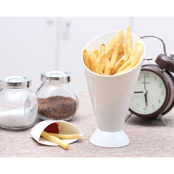 2-in-1 Plastic French Fry Cone Cup with Built-in Dipping Container, Fun and Practical for Snacks and Parties, White