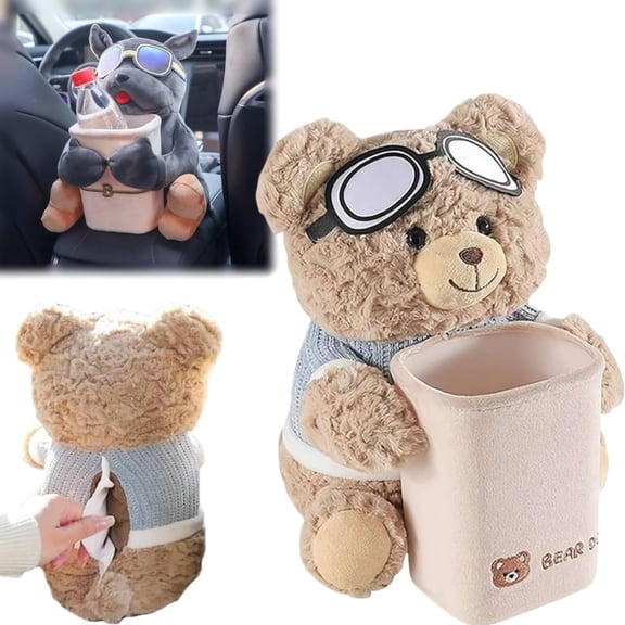 2-in-1 Plush Car Trash Can and Tissue Box, Cartoon Animal Design